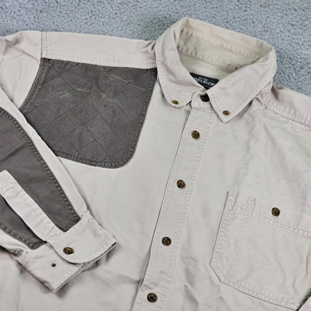 Woolrich Shirt Mens 2XL Khaki Beige Canvas Chamois Shooting Elbow Patch Outdoor
